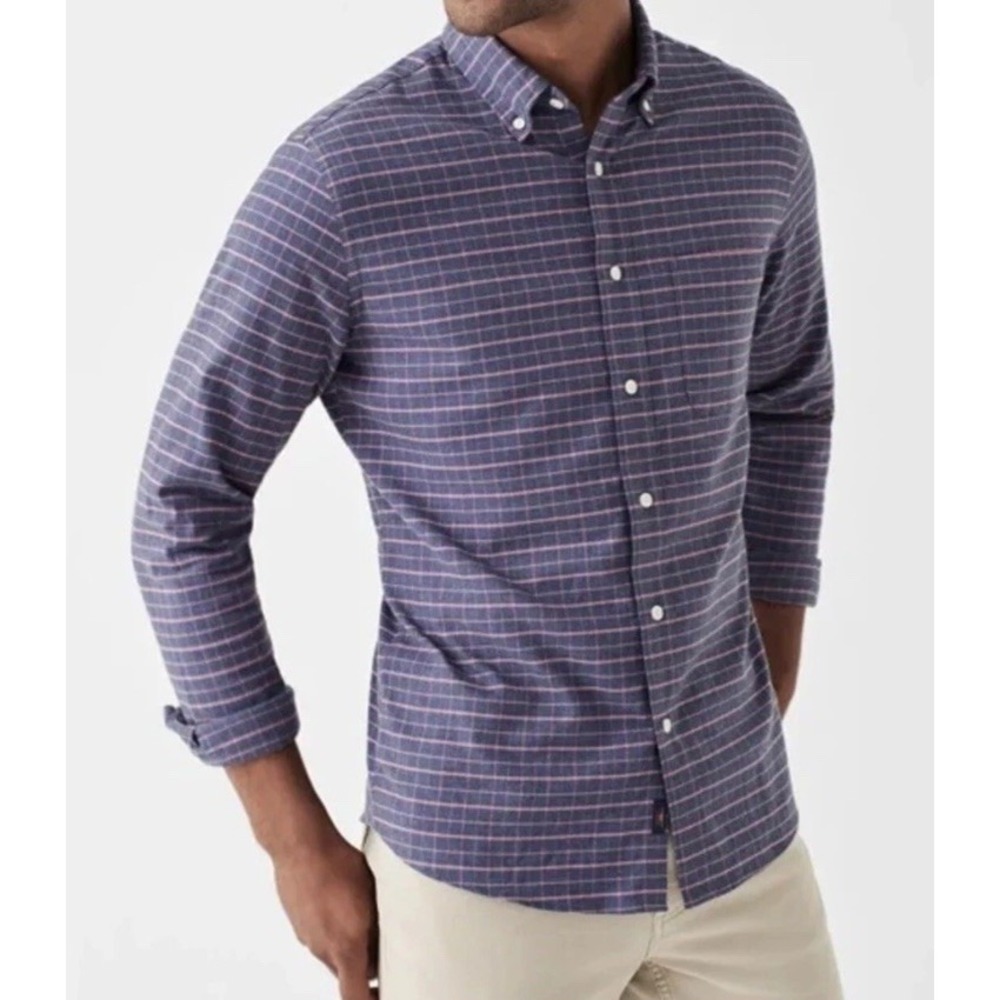 $128 FAHERTY Mens Large Blue Pink Hayes Check Stretch Oxford SHIRT Plaid Flannel